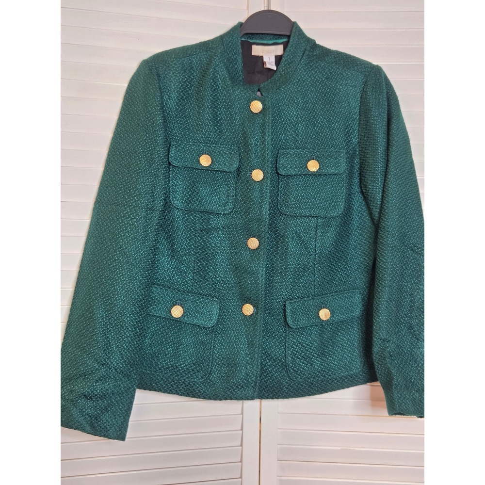Chico's Textured Knit Blazer Jacket Size 8 Green Gold Button Military Career